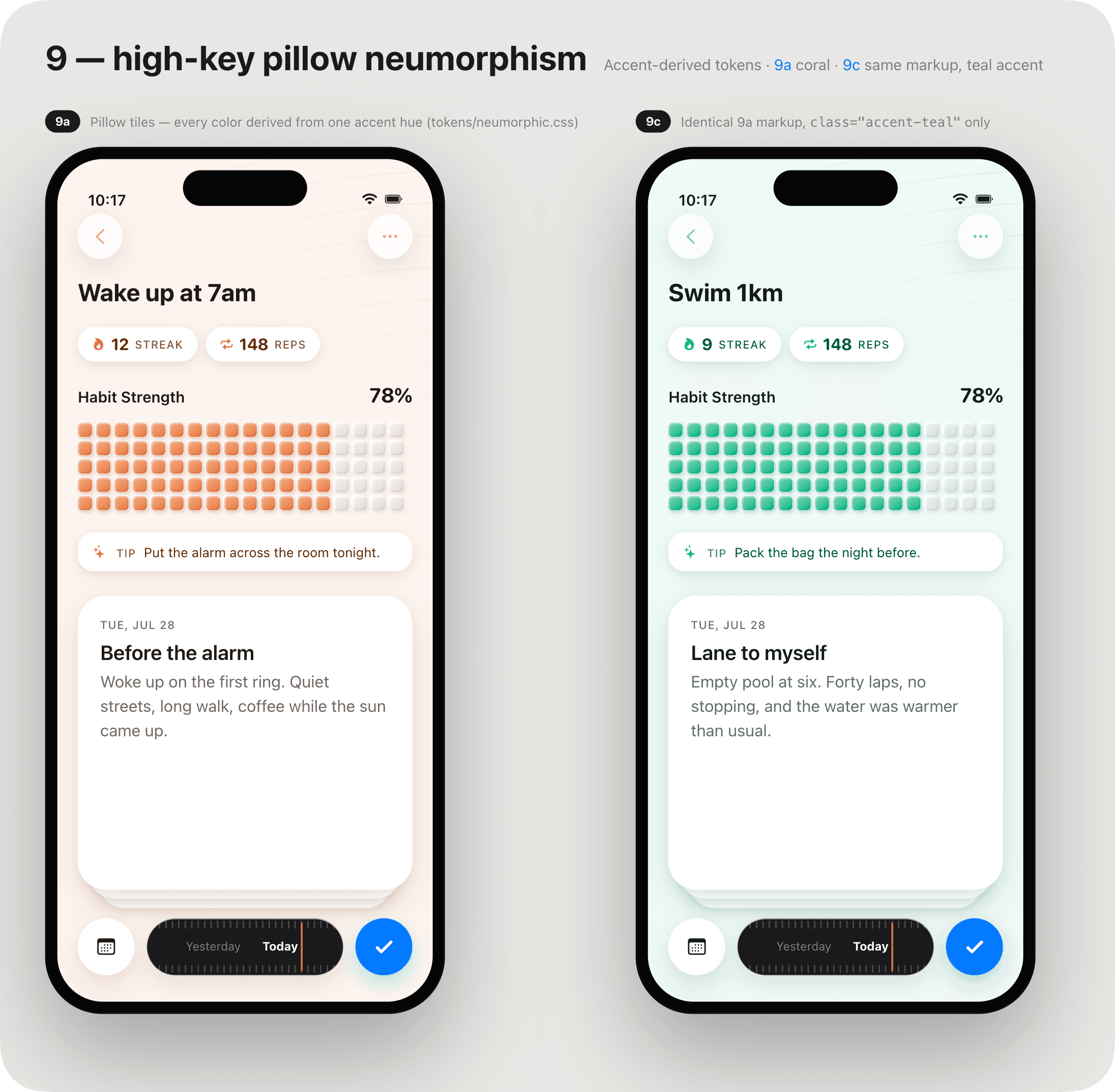 High-key pillow neumorphism direction shown in coral and teal accents