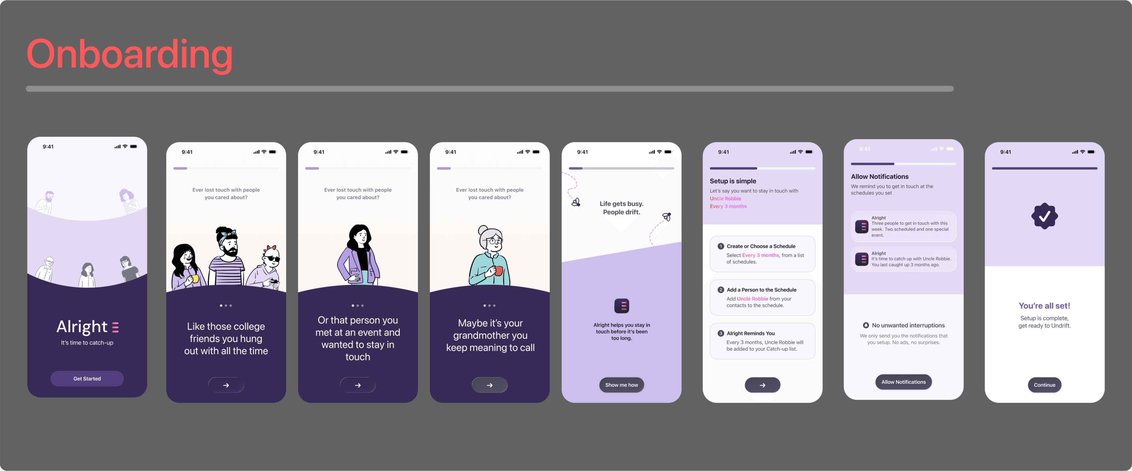 Alright onboarding flow: intro illustrations, setup explainer and notification permission