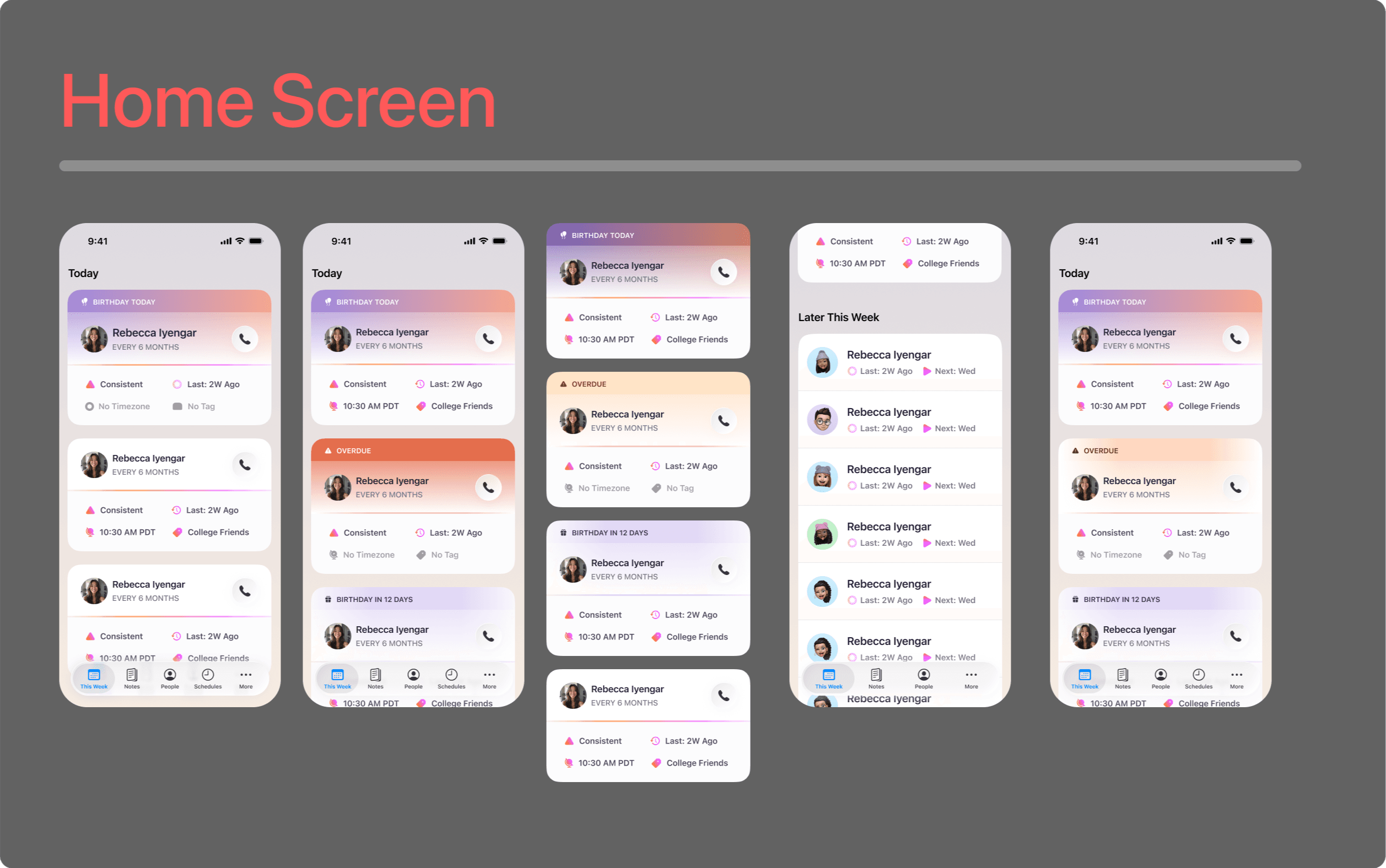 Alright home screen: this week's catch-ups as status-banded cards