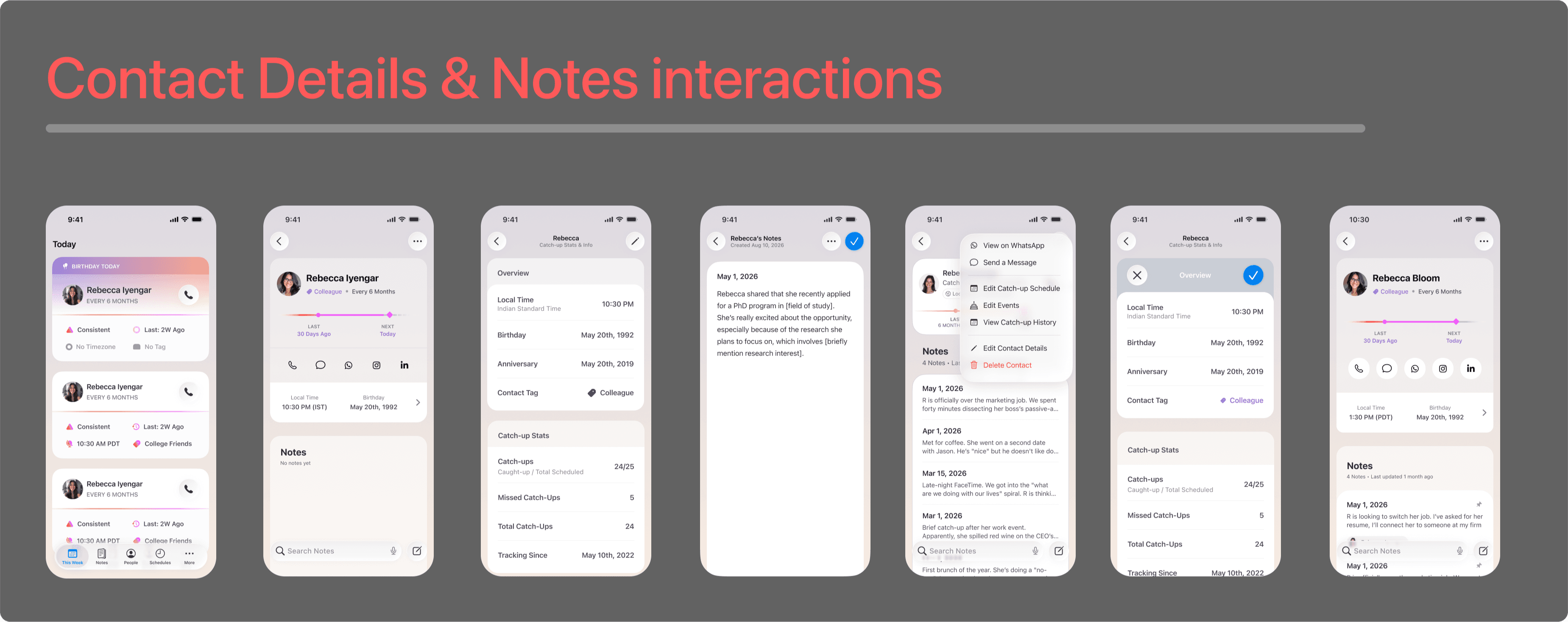 Alright contact detail screen, catch-up stats, overflow menu and notes
