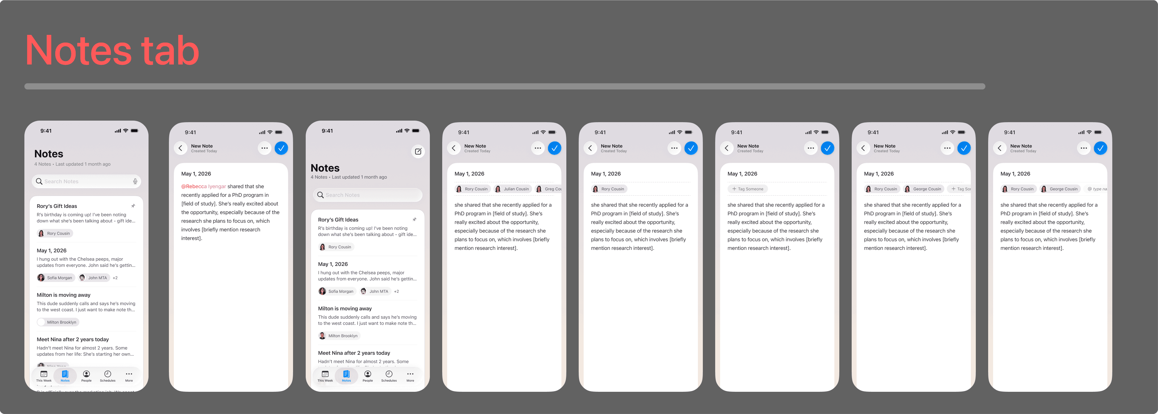 Alright notes tab: note list and the editor with people tagged by mention