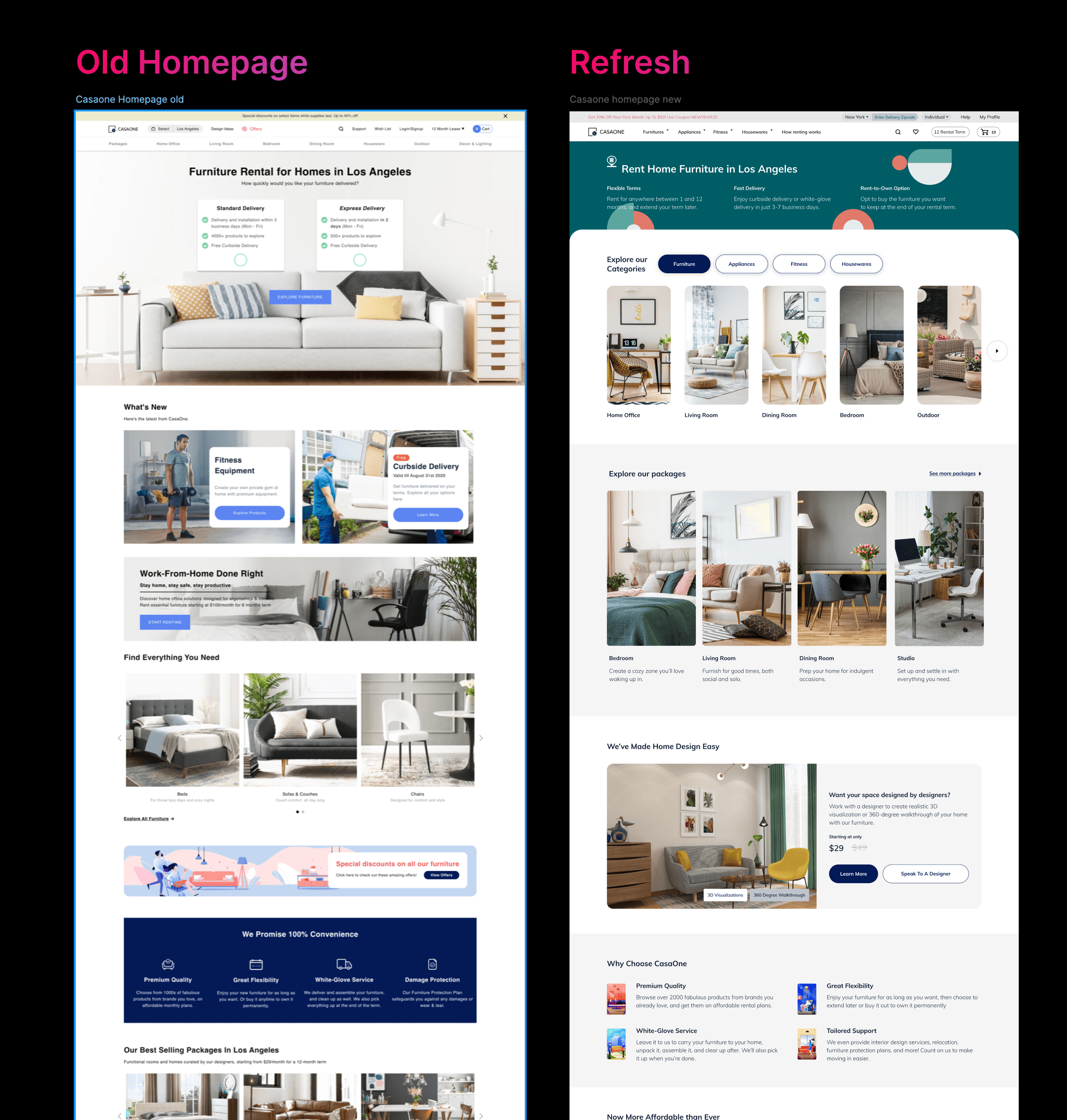 CasaOne homepage before and after - the old page beside the refreshed one