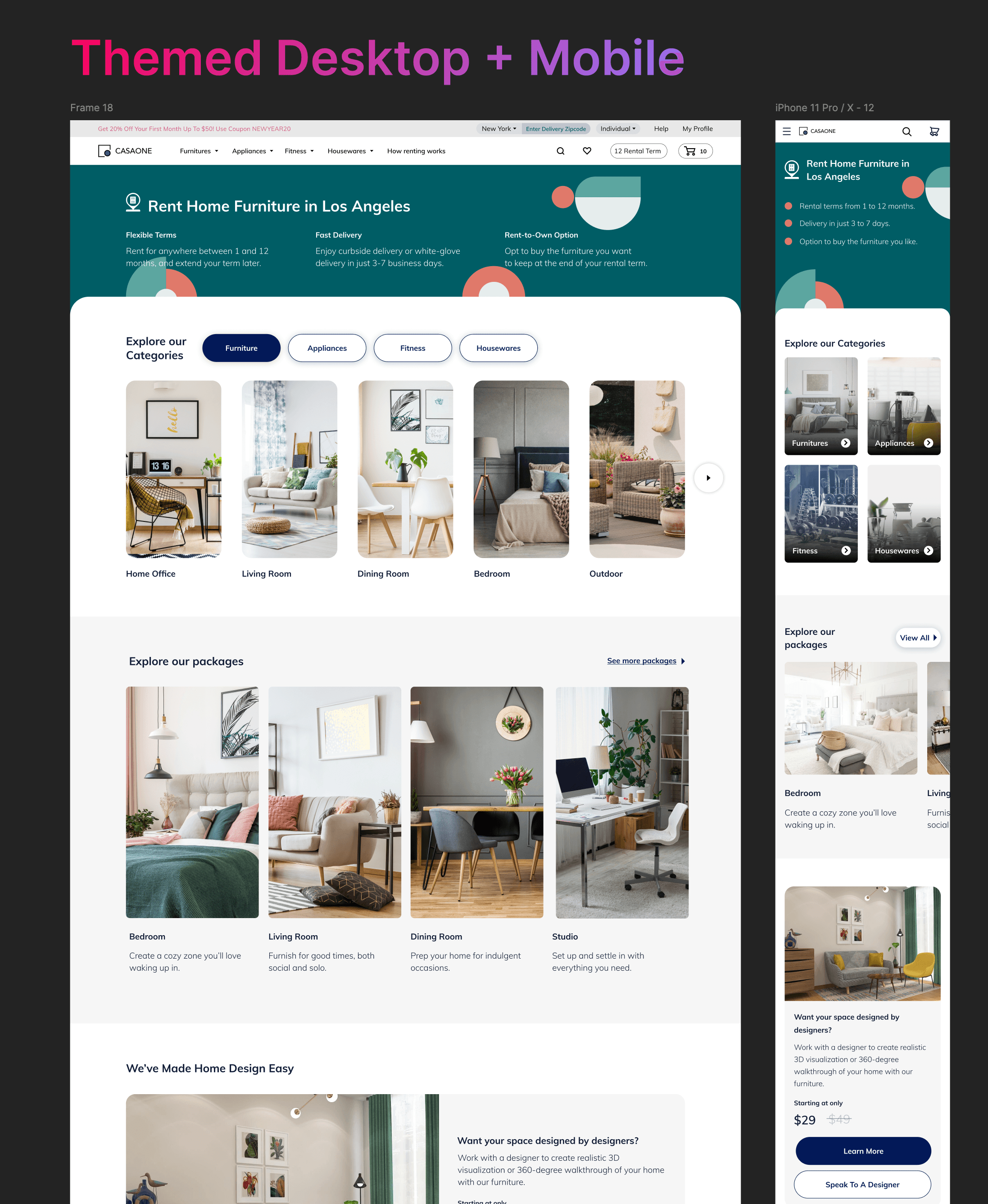 Themed CasaOne homepage in desktop and mobile side by side