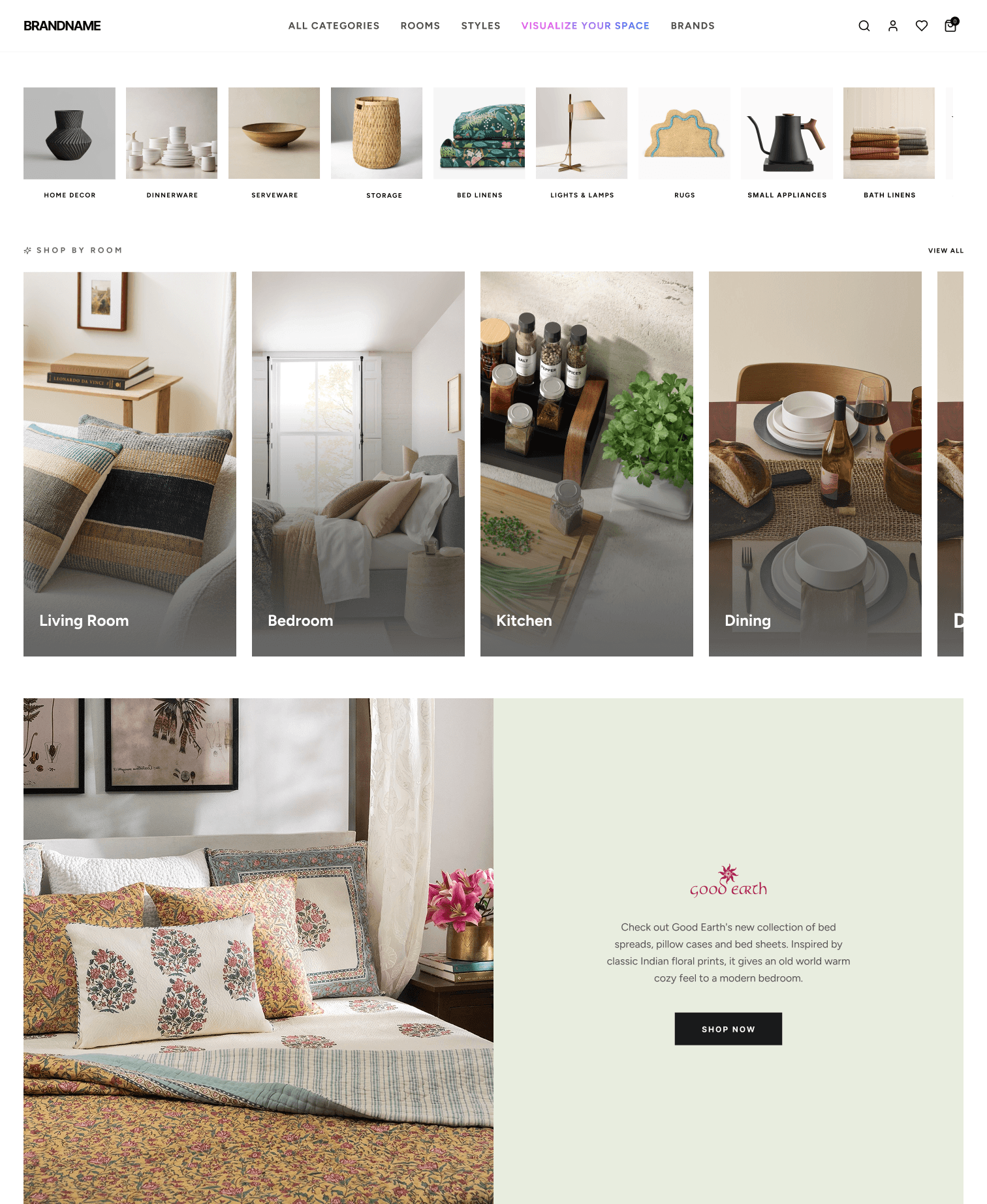 Home Furnishings concept home page — category rail, shop-by-room tiles and a brand feature