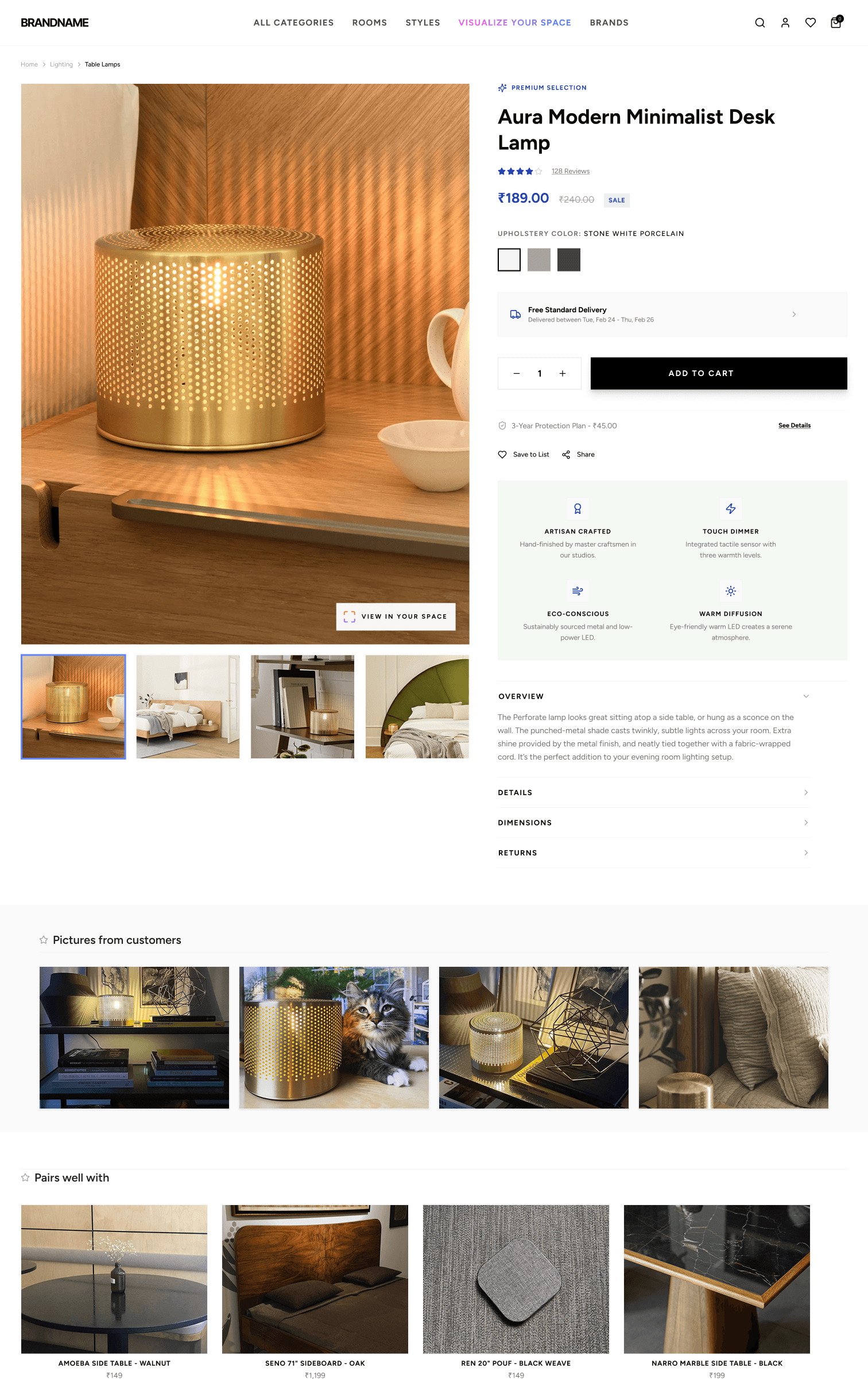 Home Furnishings concept product page — gallery, buy box, feature grid, customer photos and pairings