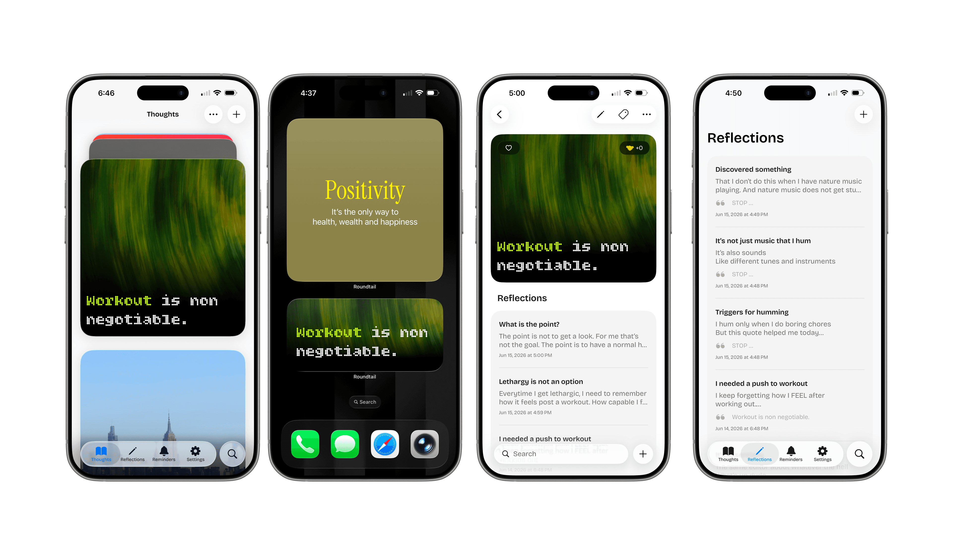 Roundtail on iPhone: thought stack, home screen widgets, thought detail with reflections, and the reflections tab