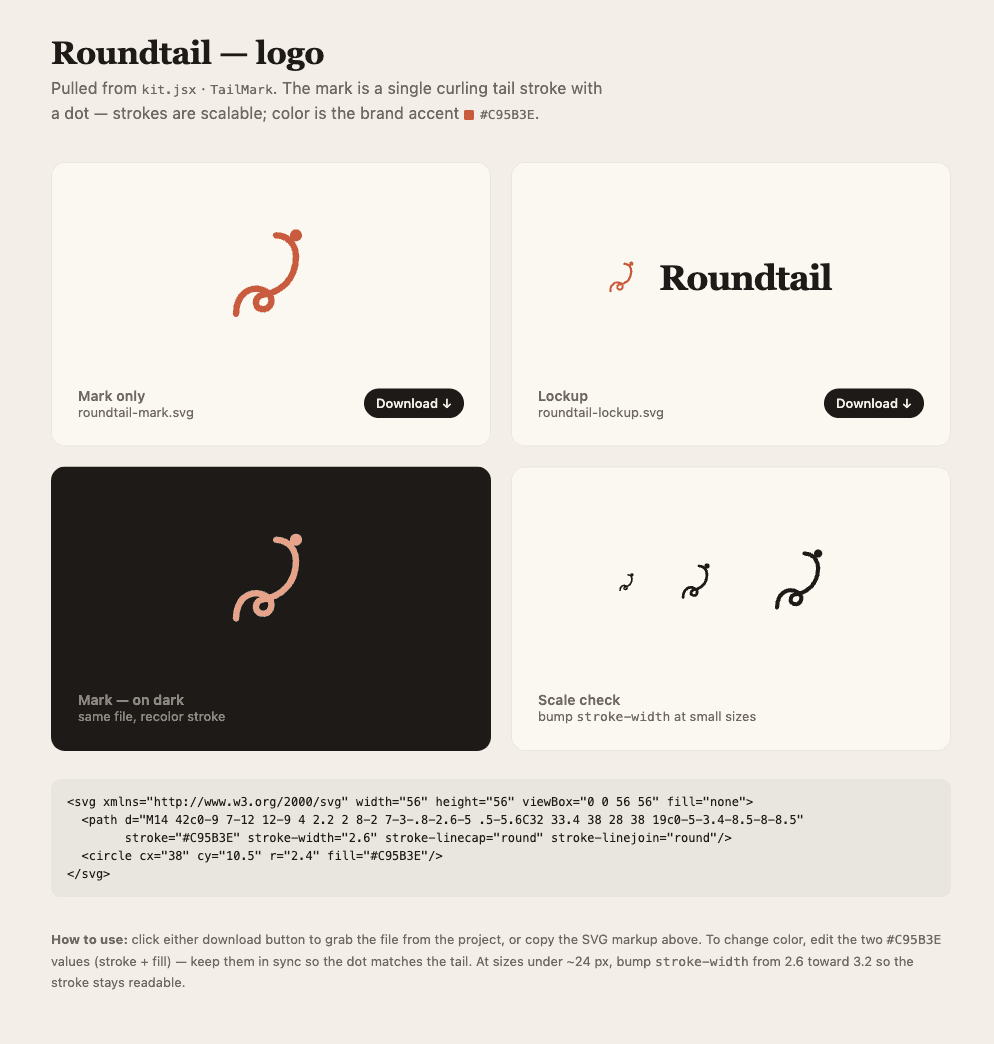 Roundtail logo sheet: mark, lockup, dark variant, scale check and the raw SVG