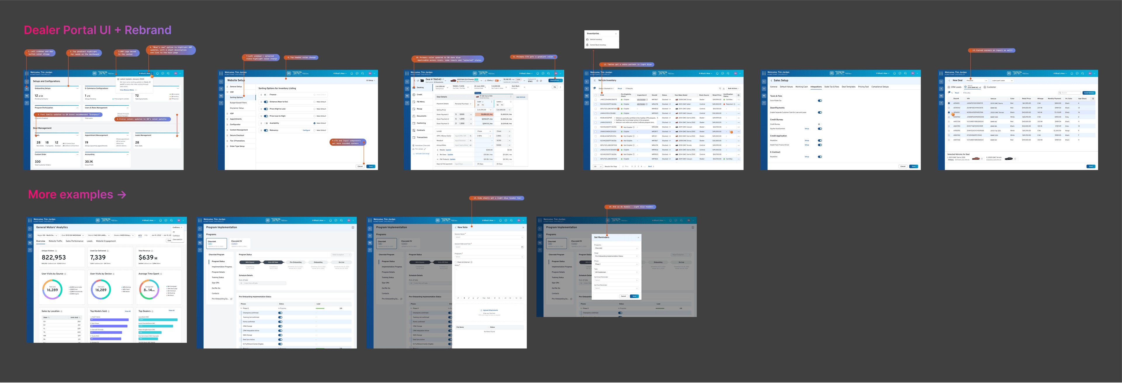 Dealer Portal UI and rebrand board — annotated rethemed screens plus further examples