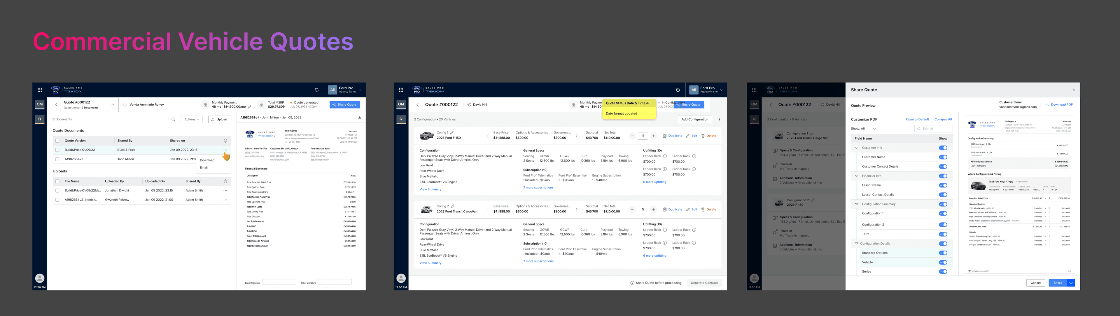 Commercial vehicle quoting screens in Ford Pro branding — quote documents, multi-vehicle configuration and share panel