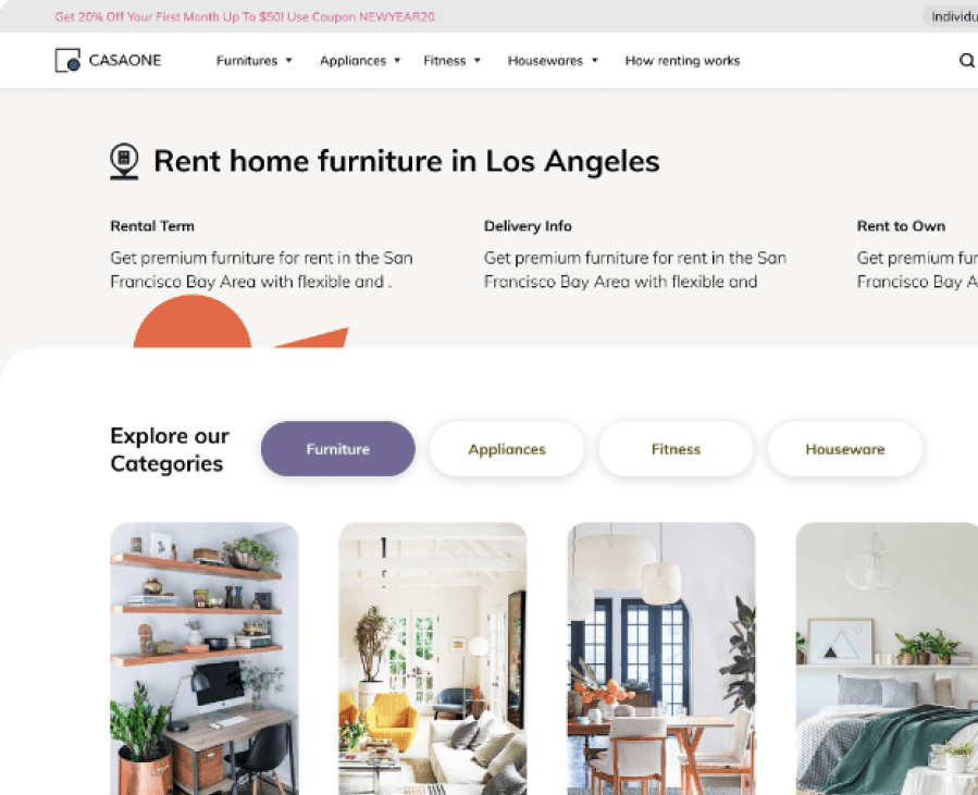 CasaOne — furniture rental e-commerce site, category browsing